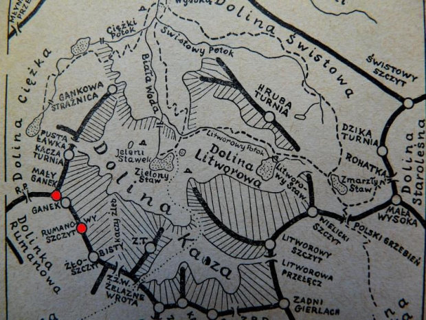 Rejon Doliny Kaczej, Tatry Słowackie.
Na czerwono zaznaczony Mały Ganek i Rumanowy Szczyt. #mapy