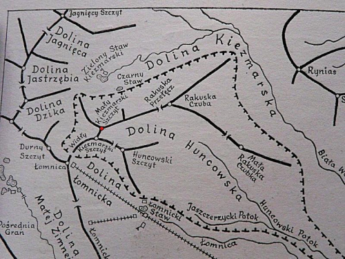 Dolina Kieżmarska, lipiec 1965. Mały Kieżmarski Szczyt zaznaczony czerwonym. #mapy