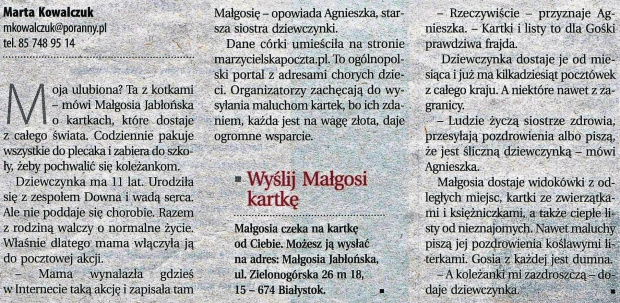 http://marzycielskapoczta.pl/malgosia-jablonska/ Małgosia czeka na kartkę od Ciebie :-D Możesz sprawić niepełnosprawnemu dziecku tyle radości!!!!!