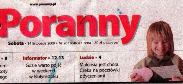 http://marzycielskapoczta.pl/malgosia-jablonska/ Małgosia czeka na kartkę od Ciebie :-D Możesz sprawić niepełnosprawnemu dziecku tyle radości!!!!!