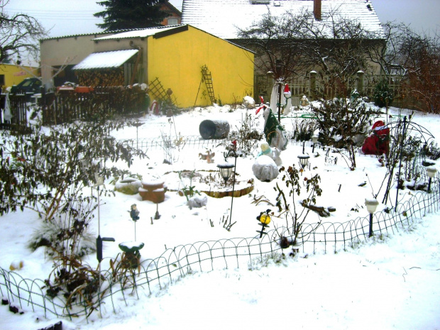 Ogródek otulony śniegiem.