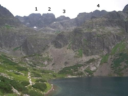 Fragment grani Hali Gąsiennicowej.
1. Kozi Wierch (2291 m), 2. Kozie Czuby (2266 m), 3. Zamarła Turnia (2179 m), 4. Mały Kozi Wierch (2226 m).
W dole widać Czarny Staw Gąsiennicowy. #HalaGąsiennicowa #Tatry