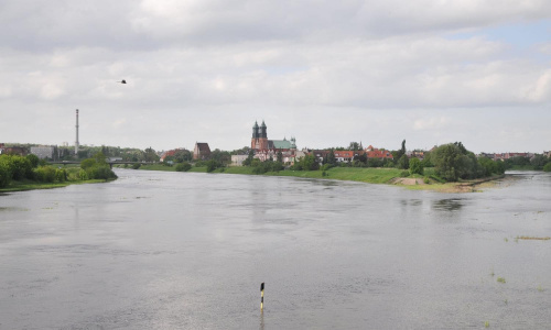 Katedra Poznańska widziana z mostu Św. Rocha poprzez wezbrane wody Warty