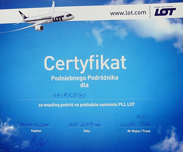 Certyfikat LOT z trasy Monachium - Poznań. #LOT
