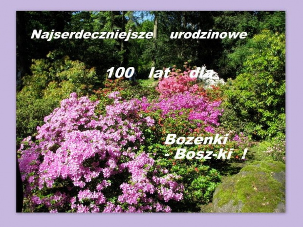 Bożenko, w Dniu Twojego Święta życzę Ci wszystkiego co najlepsze; zdrówka, uśmiechu na co dzień, samych życzliwych ludzi wokół, cudownych fotek robionych nowym aparatem - i sercem. Niech się spełni wszystko o czym marzysz !
STO LAT !