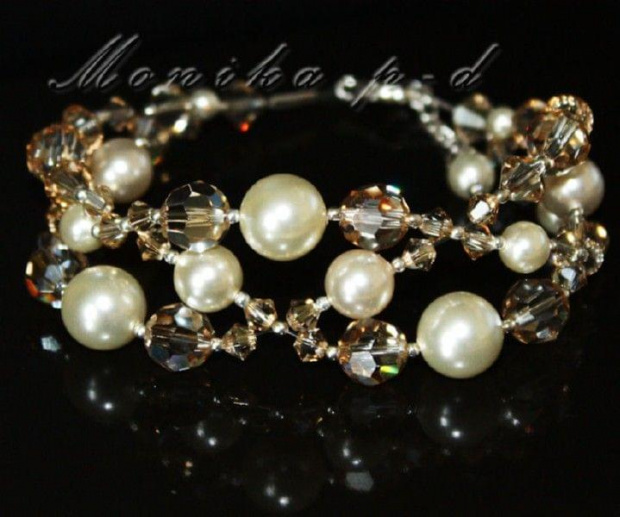 848. SWAROVSKI Golden Shadow i Cream Pearls mix - bransoletka 18cm