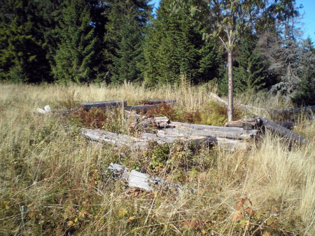 Gorce - szczątki szałasu na polanie Gorc Troszacki #góry #beskidy #gorce #jesień #polany